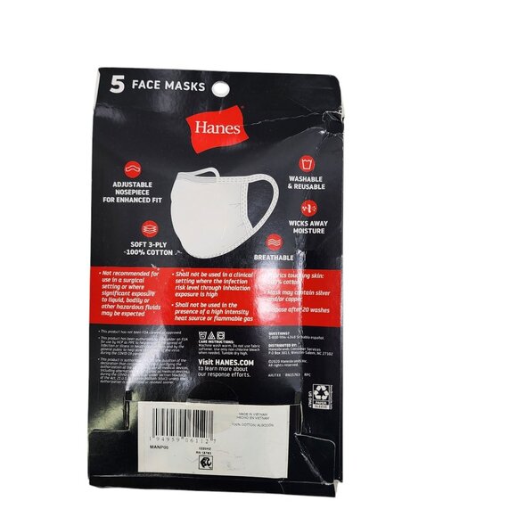 NEW Hanes 5 Pack White Face Masks Soft 3-Ply 100%‎ Cotton One Size Fits Most - Picture 2 of 3